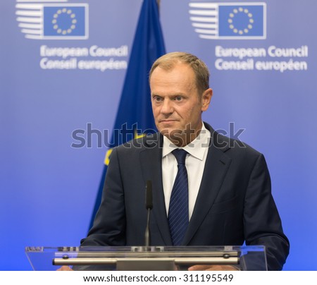 BRUSSELS, BELGIUM - Aug 27, 2015: President of the European Council Donald Tusk during a meeting with President of Ukraine Petro Poroshenko in Brussels