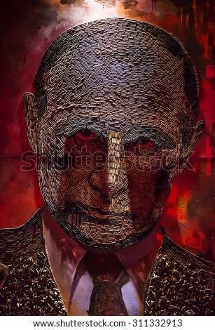 KIEV, UKRAINE - Aug 25, 2015: The face of war. Portrait of Russian President Vladimir Putin made by bullet casings from the battlefields in the Donbas. Artist Daria Marchenko.