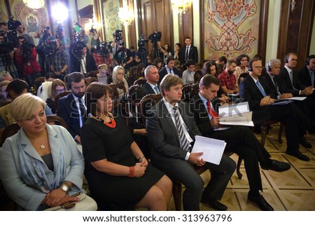 KIEV, UKRAINE - Sep 06, 2015: Press Conference of Managing Director of the International Monetary Fund, Christine Lagarde and President of Ukraine Petro Poroshenko in Kiev