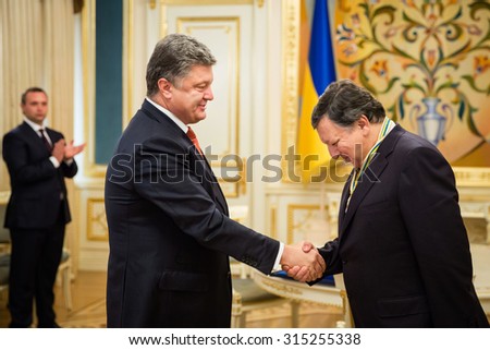 KIEV, UKRAINE - Sep 10, 2015: President of Ukraine Petro Poroshenko presented to the President of the European Commission in the years 2004-2014 Jose Manuel Barroso, the Order of Liberty