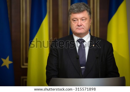KIEV, UKRAINE - Sep 11, 2015: President of Ukraine Petro Poroshenko had a meeting with Commissioner for European Neighbourhood Policy & Enlargement Negotiations Johannes Hahn