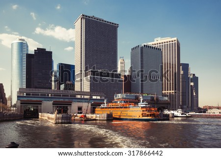 NEW YORK, USA - May 04, 2015: Staten Island Ferry Whitehall Terminal in Lower Manhattan used by Staten Island Ferry, which connects two island boroughs of Manhattan and Staten Island in NYC