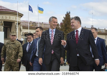 LVIV, UKRAINE - Sep 21, 2015: President of Ukraine Petro Poroshenko and NATO Secretary General Jens Stoltenberg inaugurated the teachings of the Ukraine-NATO disaster relief \