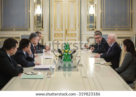 KIEV, UKRAINE - Sep 23, 2015: President of Ukraine Petro Poroshenko had a meeting with Chairman of the U.S. Senate Committee on Armed Services Senator John McCain.