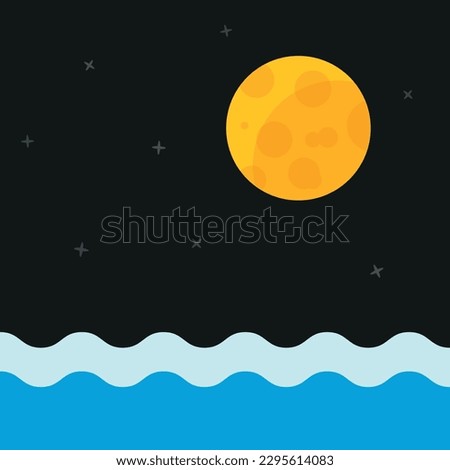Vector illustration of a night sea. Tide and full moon.