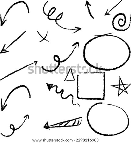 Collection of vector doodles of arrows and shapes. With pencil or chalk writing style. Assorted lines and circles.