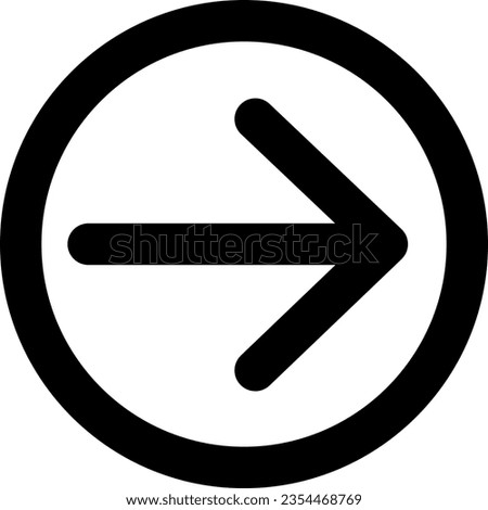 Vector illustration of black icon of arrow pointing to the right inside a circle.
