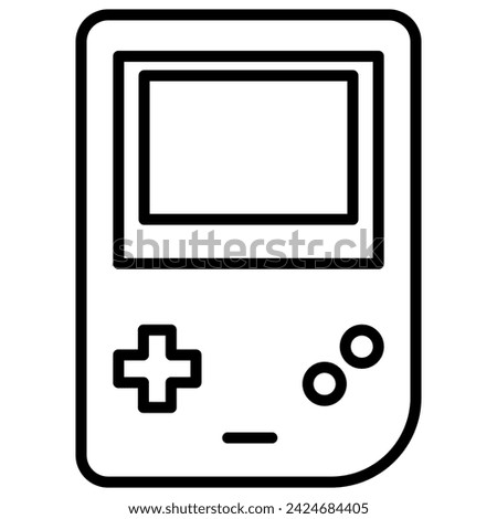 Black outline illustration of a classic handheld gaming console with square screen, directional pad, and two buttons.