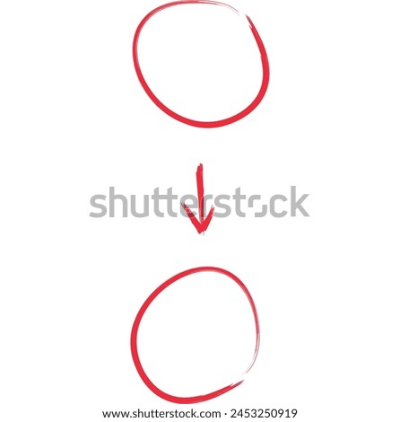Hand-drawn illustration of two red circular outlines with a red arrow pointing downwards between them on a white background.