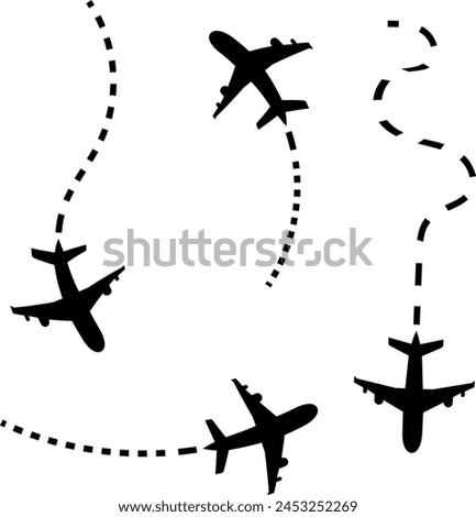 Silhouettes of four airplanes at different angles and positions, following dashed lines suggesting flight paths on a white background.