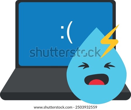 Laptop with a blue screen error showing a sad face, next to a water droplet with a face and an electric bolt.