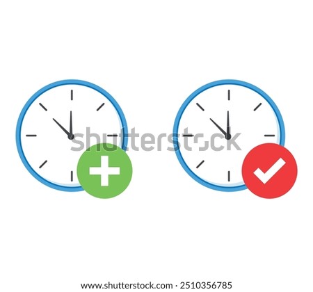 Two round clocks with plus and checkmark icons, indicating different times, punctuality, and delay