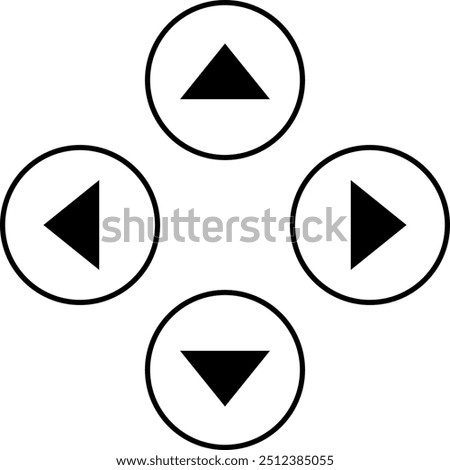 Geometric shapes with triangle icons in circles, simple black and white design, directional pad with up, down, left, right arrows.