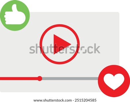 Video player interface with play button, progress bar, like and love icons.