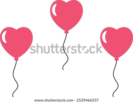 Illustration of three heart-shaped balloons in pink with glossy highlights and black strings.