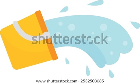 Yellow bucket tipped over with blue liquid spilling out and droplets scattered around, suggesting motion and a spill.