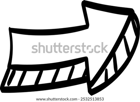 Doodle of a thick, curved arrow pointing upwards and to the right, with diagonal stripes for a 3D effect, perfect for themes of movement and direction.