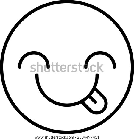 Simple line drawing of a smiling face with closed eyes and a tongue sticking out, representing happiness and playfulness.