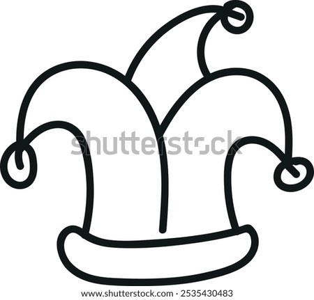 Simple line drawing of a jester's hat with three points, each adorned with a small bell, symbolizing playfulness and whimsy.