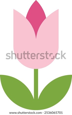 Pink tulip illustration with darker pink center, green leaves, and stem in a stylized design