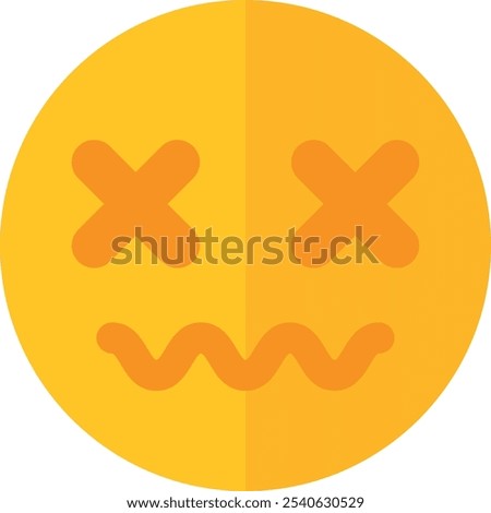 Graphic of a yellow emoticon face divided , with 'X' eyes and a squiggly mouth on each half, suggesting a displeased or unwell expression. Suitable for themes related to emotions, health, or design.