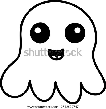 Simple line drawing of a ghost with large eyes and a small mouth, rounded top and scalloped edges.