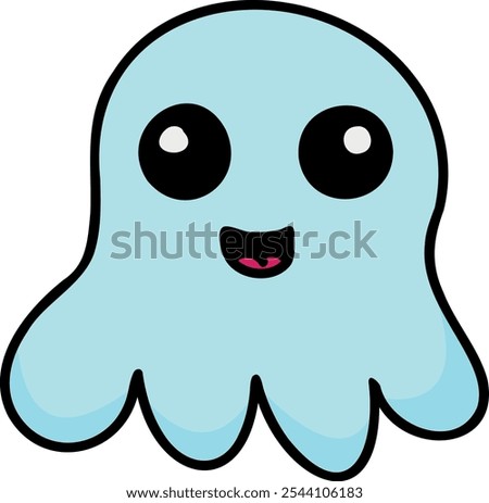 Cartoon blue ghost or octopus with large black and white eyes and a small smile.