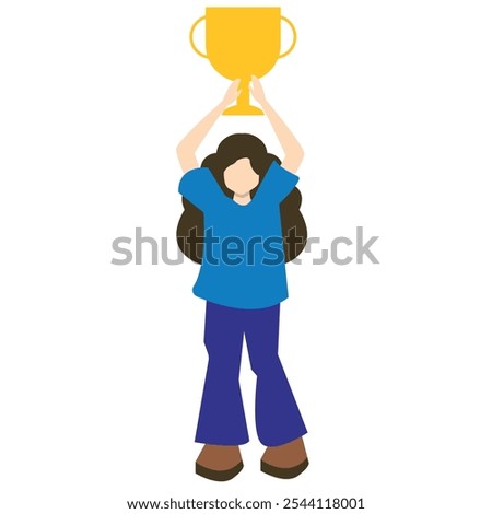 Stylized person holding a trophy above their head, wearing a blue top, purple pants, and brown shoes, celebrating victory.