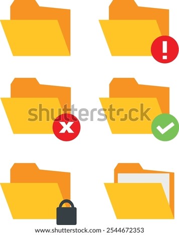 Six folder icons with different symbols indicating various states or actions, including warning, error, and secured.