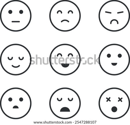 Nine emoticons with different facial expressions , showing emotions like neutral, sad, angry, slightly smiling, laughing with eyes open, laughing with eyes closed, surprised, disappointed.