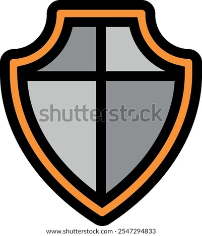 Stylized shield with a thick black outline and an orange border, divided into four sections by a black cross, representing security and protection with lighter and darker shades.