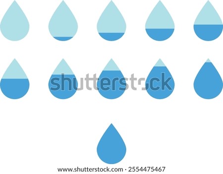 Collection of water droplet icons arranged in three rows, with increasing blue fill from left to right, representing liquid measurement or filling process.