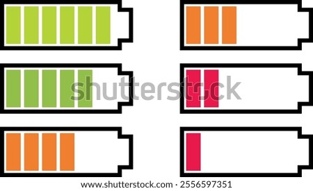 Set of six battery icons showing different charge levels, ranging from full (green) to nearly empty (red), arranged in two columns.