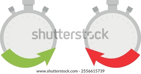 Two stopwatches side by side. The left one has a green arrow curving clockwise around its bottom half; the right one has a red arrow curving counterclockwise. Represents clockwise and counterclockwise