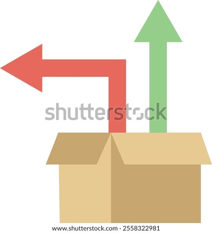 Open cardboard box with two arrows emerging from it, one red pointing to the left and the other green pointing upward, symbolizing thinking outside the box and representing different directions 