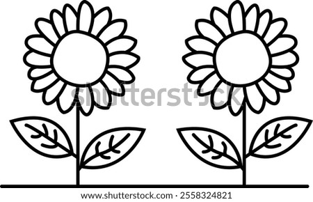 Two identical sunflowers with large circular centers and multiple petals. Each sunflower has a stem with two leaves. The flowers are simple, outlined drawings, and they are placed side by side.