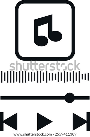 Graphic representation of a music player interface with a musical note icon, sound wave equalizer, progress bar, and playback control buttons for backward, play, and forward.