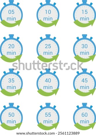 Series of twelve stopwatch icons indicating different time intervals in minutes, labeled from 05 min to 60 min, each stopwatch icon is blue with a green arrow circling the bottom half.