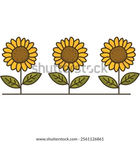 Three sunflowers in a row, each with a brown center, yellow petals, and green stem with two pairs of green leaves, evenly spaced and horizontally aligned.