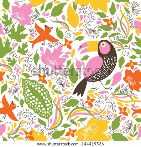 seamless floral background with an exotic birds