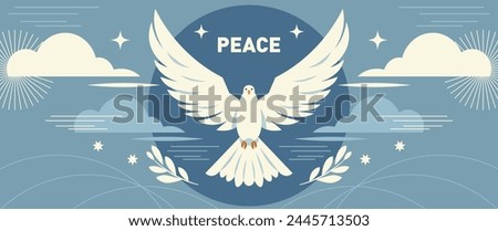 White bird Dove is a symbol of peace in the word. Horizontal banner concept, flat vector design	
