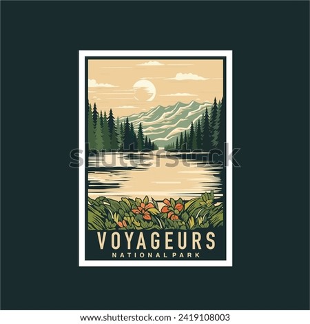 Emblem sticker patch logo illustration of Voyageurs National Park on dark background, lake and canoe vector badge