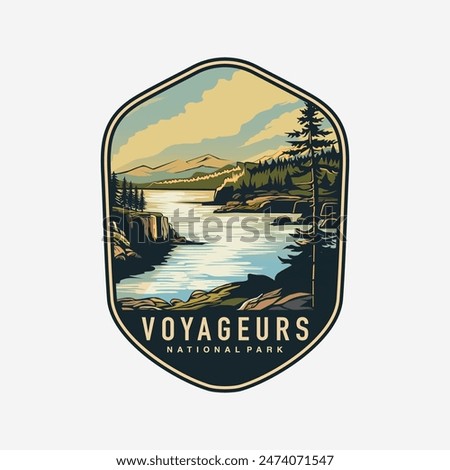 Emblem sticker patch logo illustration of Voyageurs National Park on dark background, lake and canoe vector badge