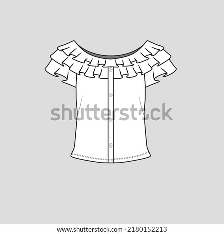 Tiered Ruffles top full open button panel placket Layered Ruffles Sleeve off shoulder T shirt Top blouse Fashion flat sketch technical drawing template