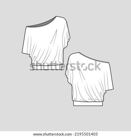 Skew Neck Fashion top drape detail blouse t shirt clothing flat sketch technical drawing template design