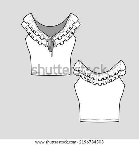 Layered Ruffles Knotted crop top Sleeveless ruffle cropped Fashion design cad  flat sketch drawing template