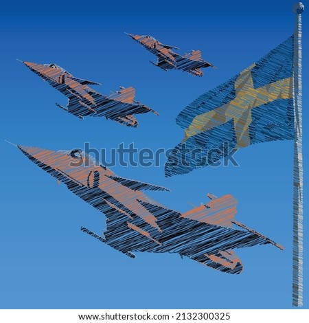 3 modern fighter jets flying past a Swedish flag