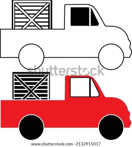 red vector pick up truck with crate plus outline