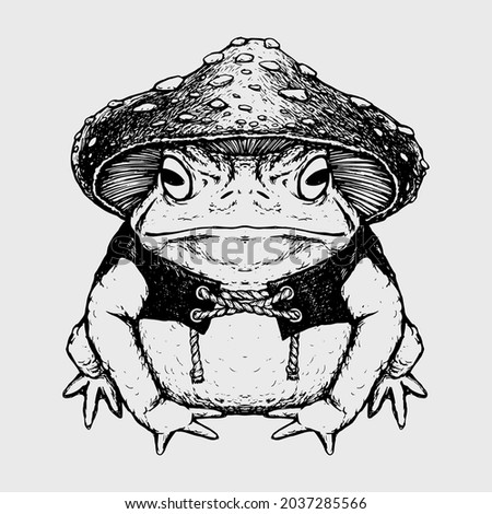 Vintage vector illustration of a toad and mushroom witch Tattoo style Witchcraft gothic Halloween occult voodoo vector illustration Magic frog toad Black and white drawing of mystical animal sketch