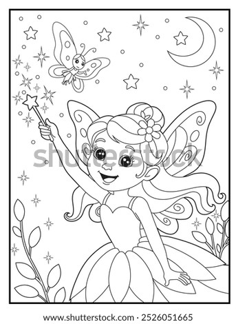 Fairy coloring page featuring a cute princess fairy waving her magic wand: children's activity books and educational materials.